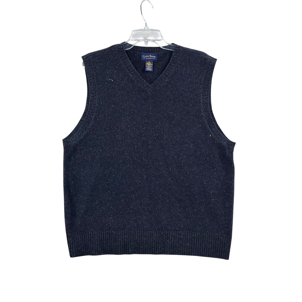Club Room Sweater Vest Mens L Navy Donegal 100% Lambswool V-Neck Knit Pullover